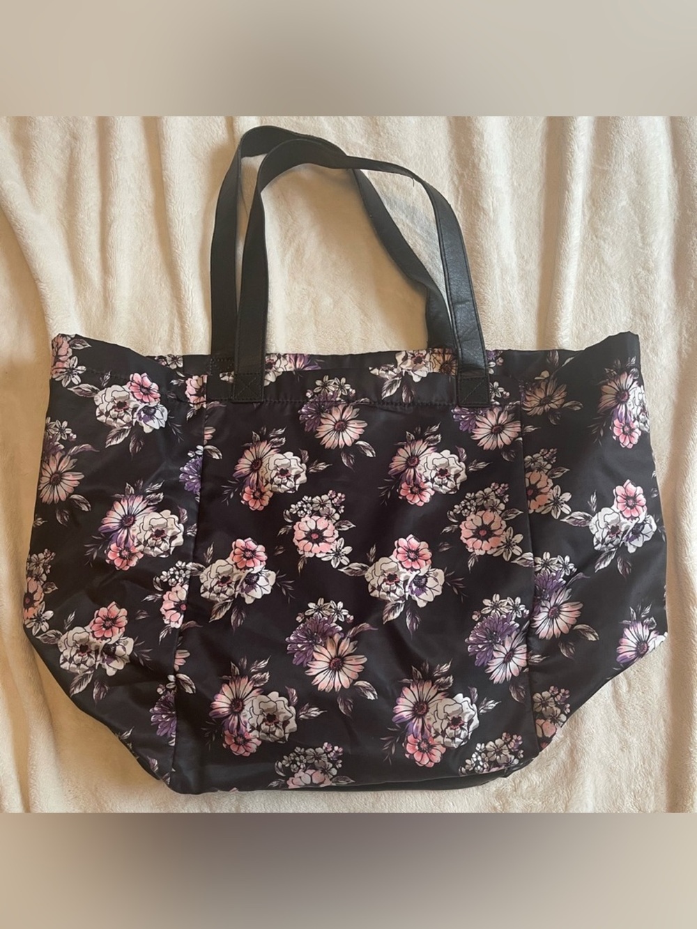 FLORAL OVERSIZED TOTE BAG BLACK SATIN LAPTOP TRAVEL PURSE WEEKENDER COQUETTE